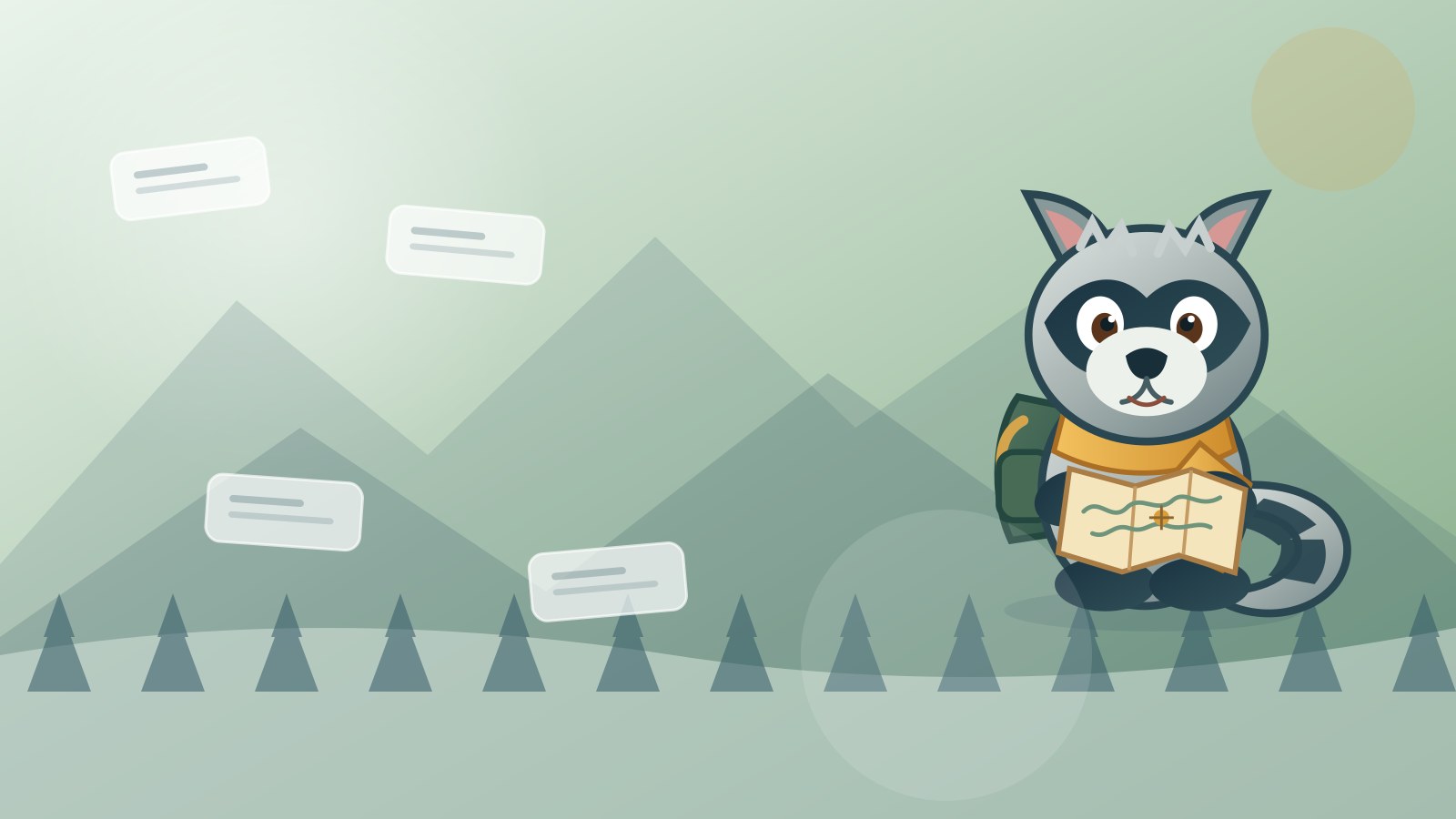 Roscoe the Raccoon with name cards in a warm illustrated woodland scene