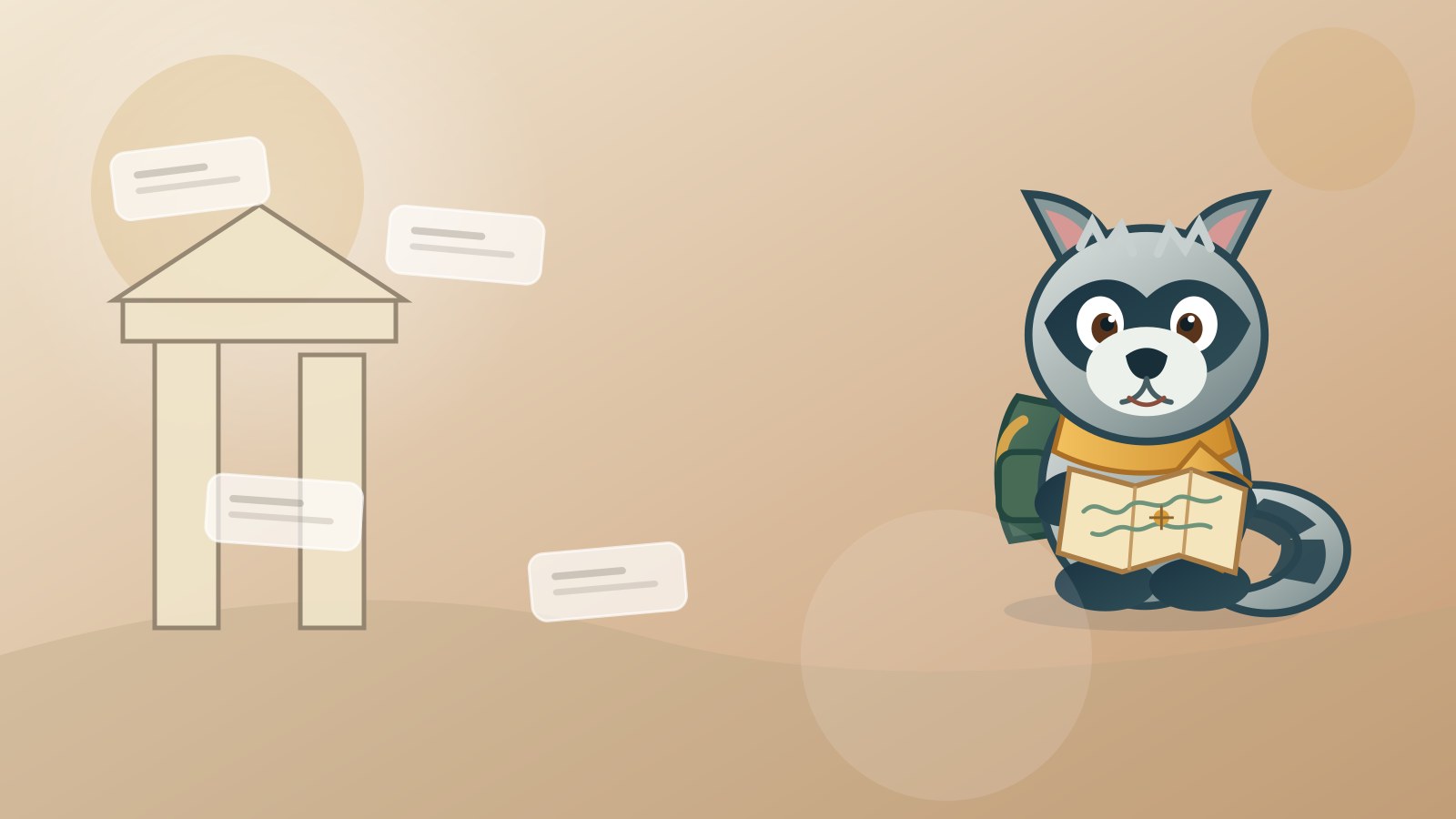 Roscoe the Raccoon exploring sunlit ancient columns and Mediterranean hills for rare ancient boy names
